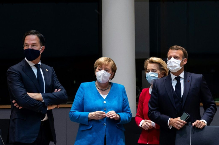 Netherlands' Prime Minister Mark Rutte (L) was faced with pressure to loosen his purse strings from Germany's Chancellor Angela Merkel ( 2nd L), President of the European Commission Ursula von der Leyen (2nd R) and France's President Emmanuel Macron