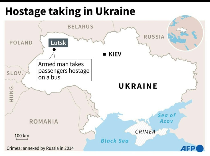 Map locating Lutsk, in Ukraine, where an armed man has taken passengers hostage on a bus.