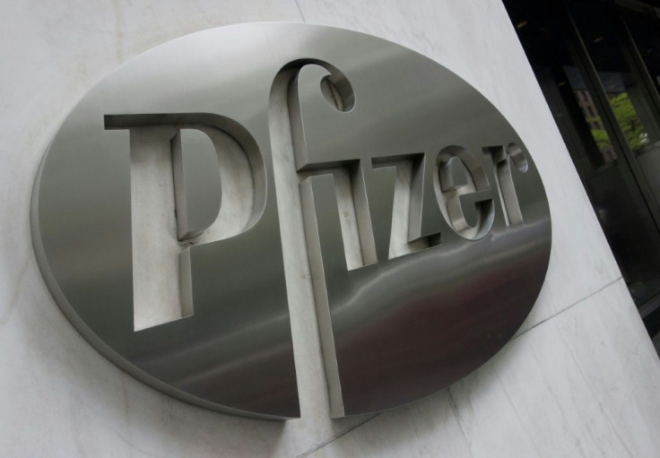 The Pfizer company logo is seen in front of Pfizer's headquarters in New York