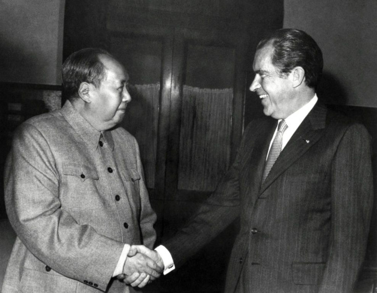 Chinese leader Mao Zedong and President Richard Nixon hold a historic meeting on February 22, 1972