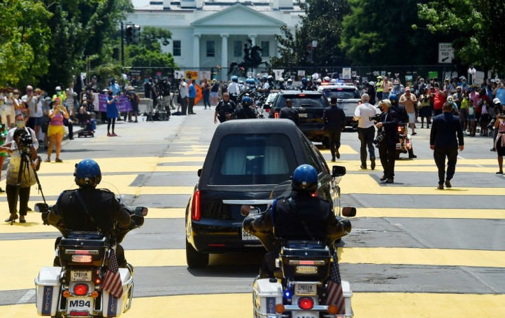 The hearse carrying the body of civil rights icon John Lewis at "Black Lives Matter" Plaza in Washington