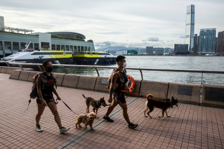 To (left) and Tong (right) walk their dogs along the waterfront on Hong Kong Island