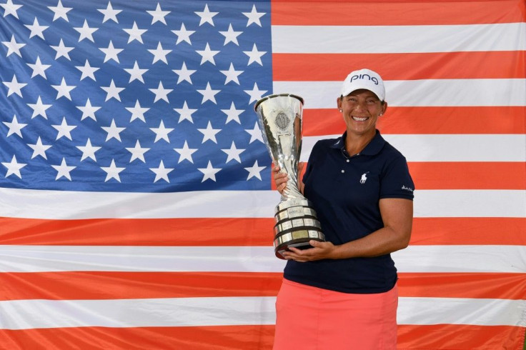 Angela Stanford celebrates winning the 2018 Evian Championship