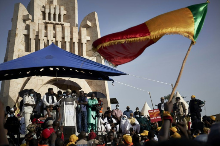The protest movement is headed by Imam Mahmoud Dicko, seen here speaking to a rally in Bamako's Independance Square on June 19