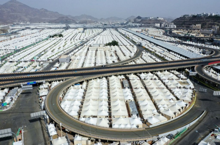 An aerial picture taken on July 27 shows a view of pilgrim housing tents near the Arafat mountain in the holy city of Mecca