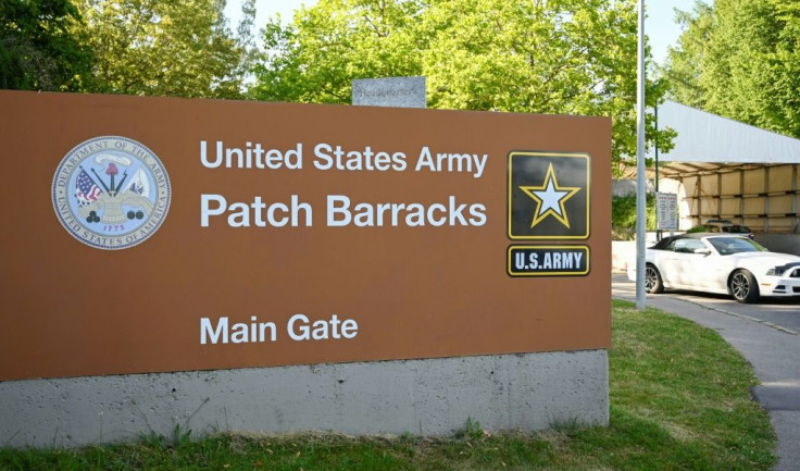 The main gate of the United States European Command (EUCOM) headquarters at the Patch Barracks is seen in Stuttgart, southern Germany, on July 29, 2020