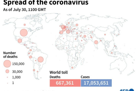 World map showing official number of coronavirus deaths per country, as of July 30 at 1100 GMT