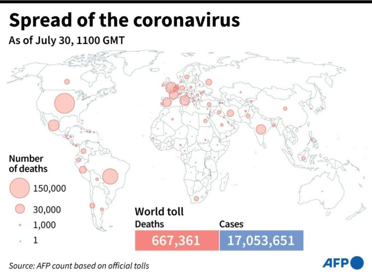 World map showing official number of coronavirus deaths per country, as of July 30 at 1100 GMT