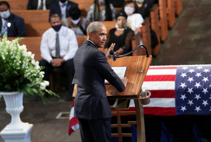 Former US president Barack Obama speaking at the funeral service of John Lewis