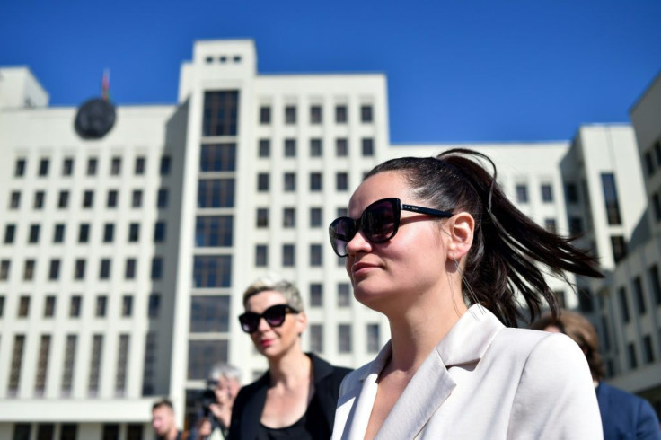 Stay-at-home mother of two Tikhanovskaya, 37, is pictured outside the election commission in Minsk