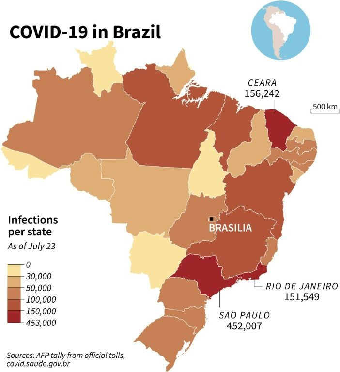 Map of Brazil showing number of coronavirus infections per state as of July 23