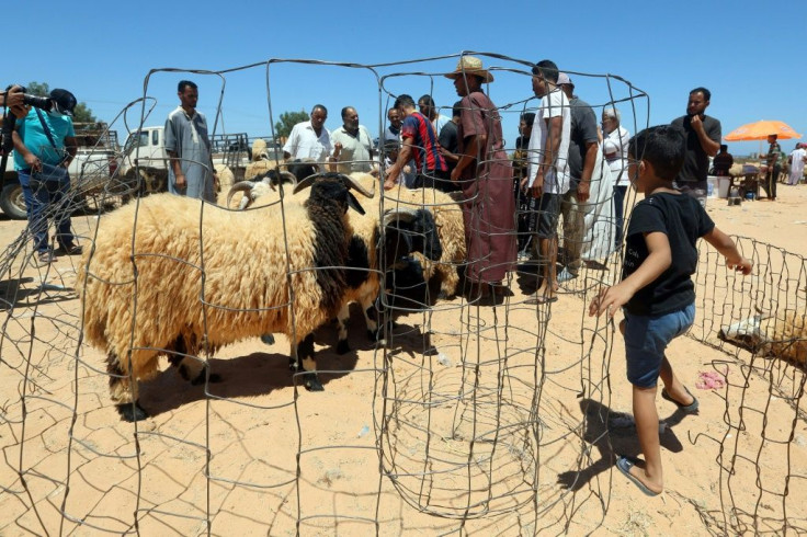 Libyans at a livestock market in Tajoura, east of the capital Tripoli, ahead of the Eid Al-Adha annual festival