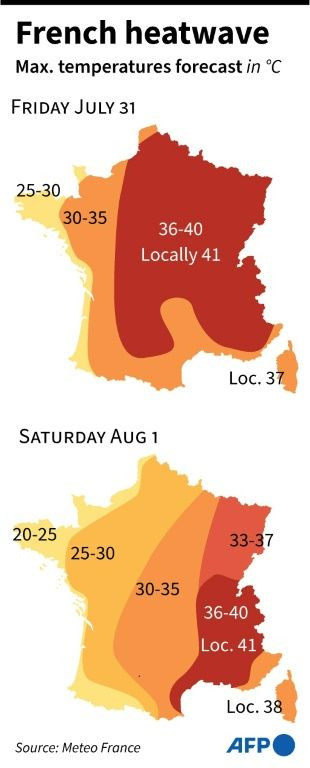 Map of France giving heatwave warnings per region for July 31 - Aug 1