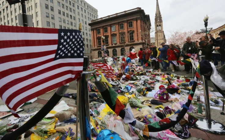 A makeshift memorial site for victims of the Boston Marathon bombing, photographed in April 2013
