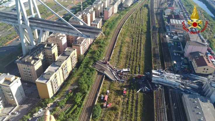 43 people were killed when the old viaduct collapsed, hurling dozens of cars and several trucks onto railway tracks below