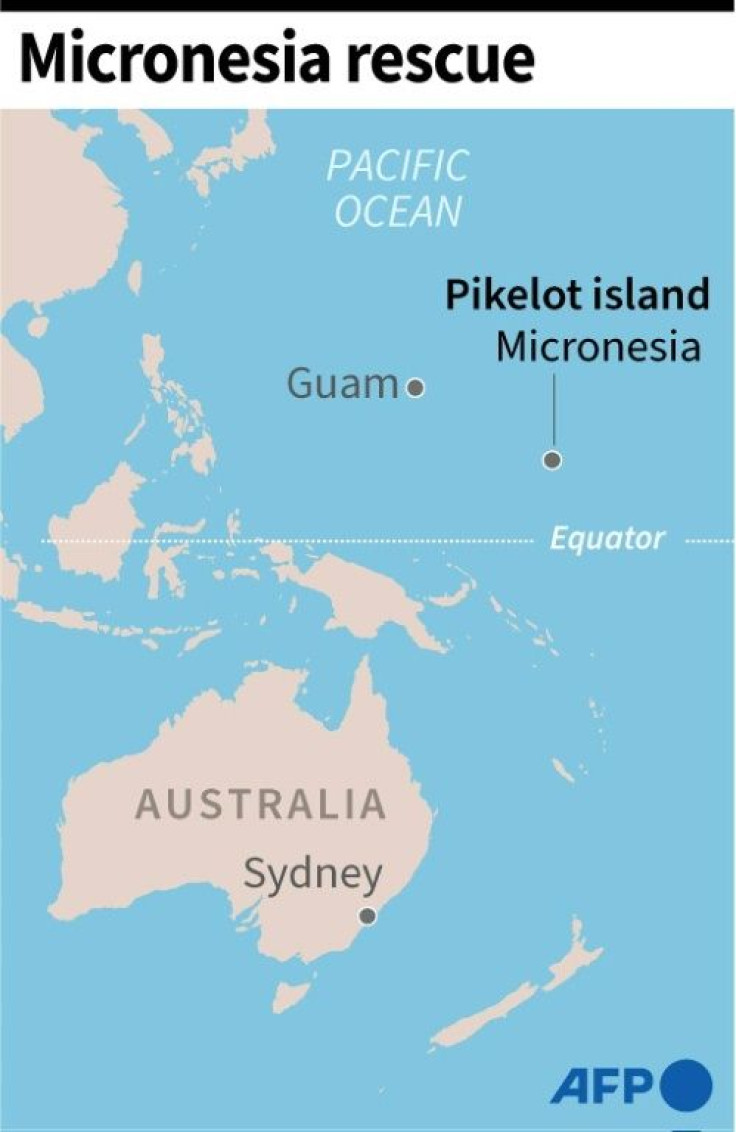 Map locating Pikelot island where three stranded Micronesian sailors were rescued after they scrawled a giant SOS on the beach