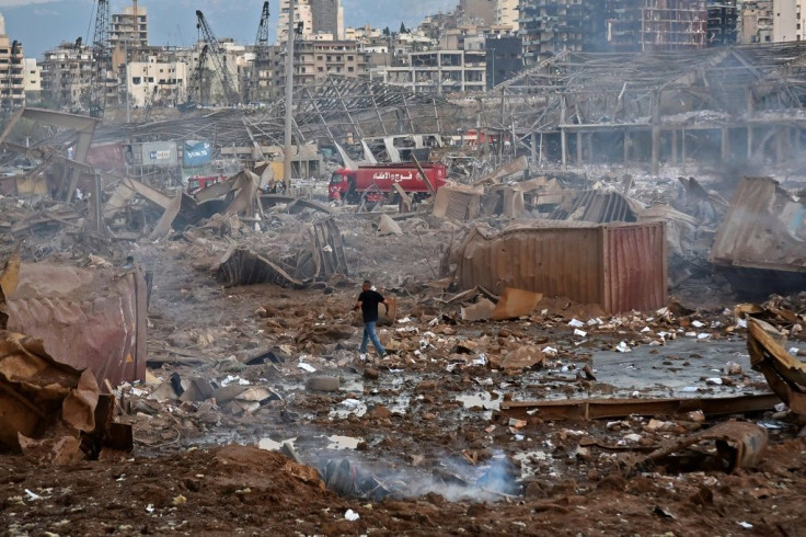 The scene of the massive explosion near the the port in the Lebanese capital Beirut