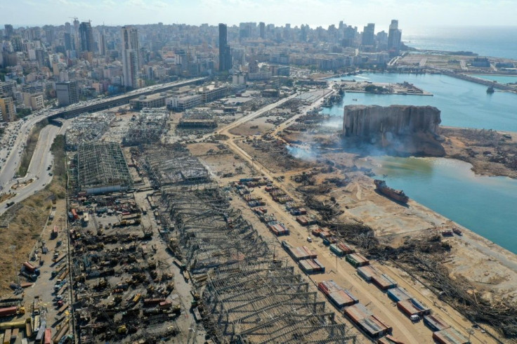 An aerial view shows the massive damage done to Beirut port's grain silos and the area around it
