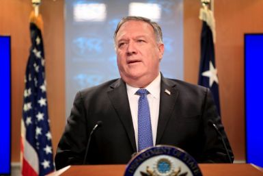 Secretary of State Mike Pompeo tells a news conference that the United States is offering rewards aimed at stopping election interference