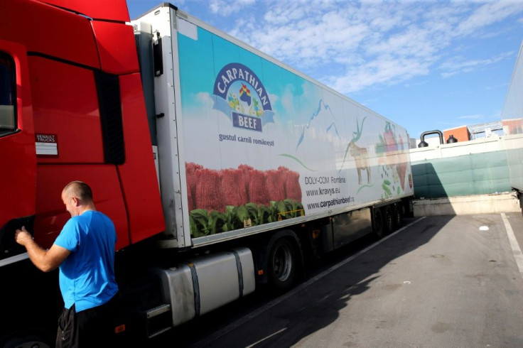 A truck at the meat processing plant Westvlees in Westrozebeke, Belgium after several employees tested positive for the coronavirus