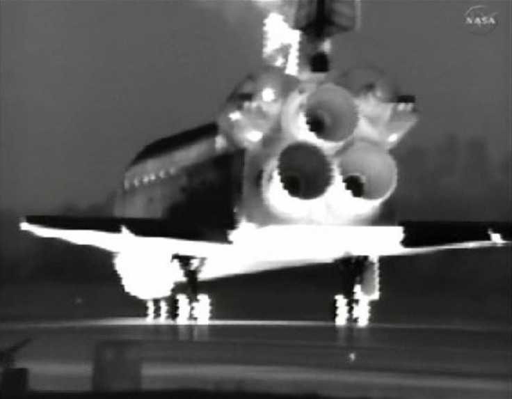 The space shuttle Endeavour sits on the runway at Kennedy Space Center in this image from NASA TV