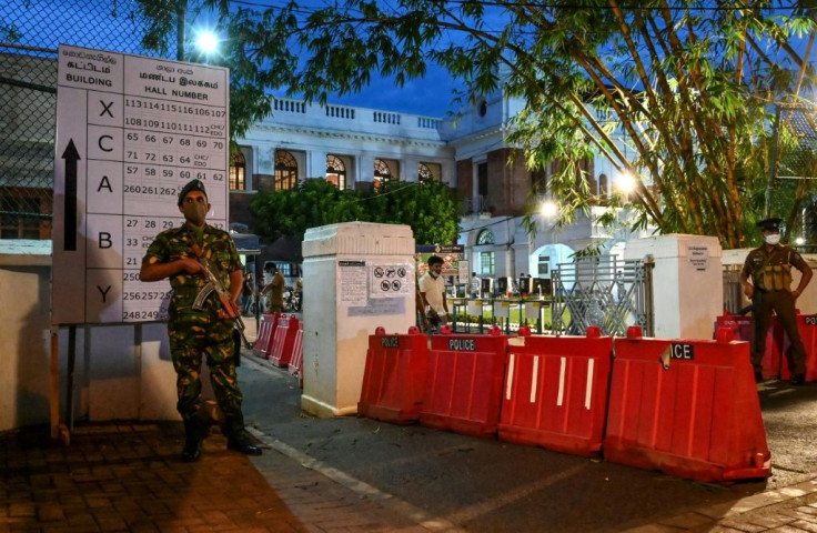 A Special Task Force (STF) soldier stands guard at the main counting centre in Colombo on August 6, 2020, a day after Sri Lanka's parliamentary election