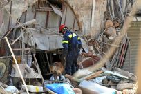 A French rescuer uses a sniffer dog to search for survivors amidst the rubble of a building in Beirut's Gemayzeh neighbourhood two days after a colossal explosion devastated large swathes of the city centre