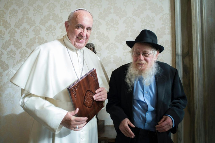 Pope Francis (L) at a private audience with Israeli Rabbi Adin Steinsaltz at the Vatican in December 2016