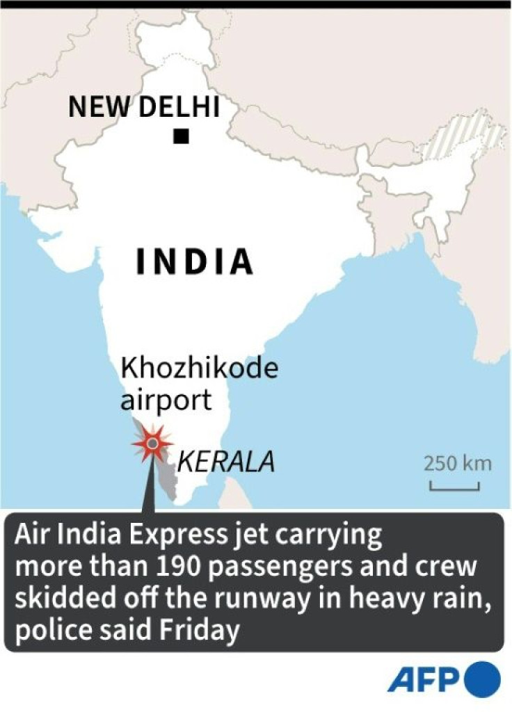 Map of India locating Kozhikode airport in Kerala state, where a passenger jet skidded off the runway after landing in heavy rain