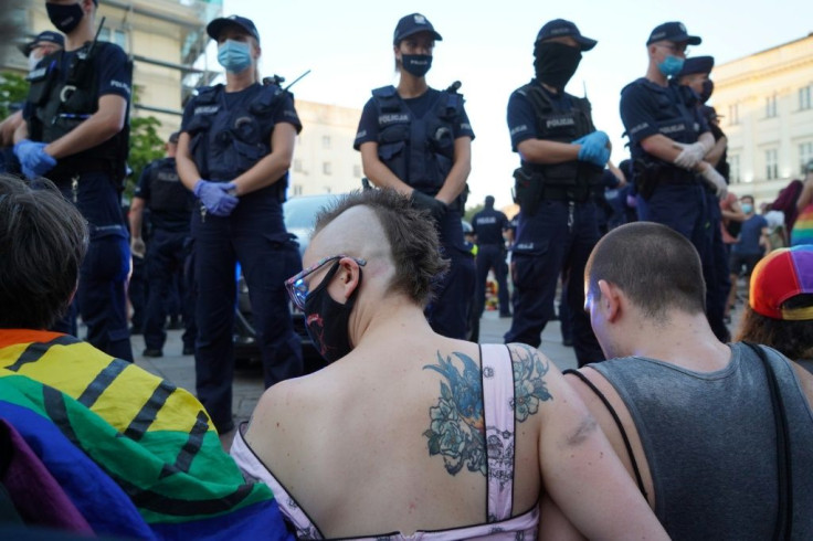 LGBT activists blocked a police vehicle