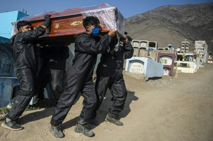 Cemetery workers carry the coffin of a COVID-19 victim at a graveyard in Comas, in the northern outskirts of Lima.