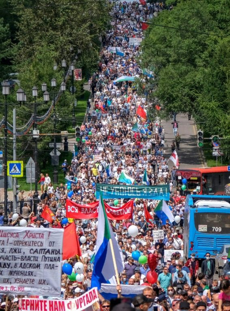 Protestors -- either 3,000 or up to 50,000 according to participants -- march through the Russian Far East city of Khabaraovsk to call for the reappointment of popular governor Sergei Furgal who was removed by Moscow