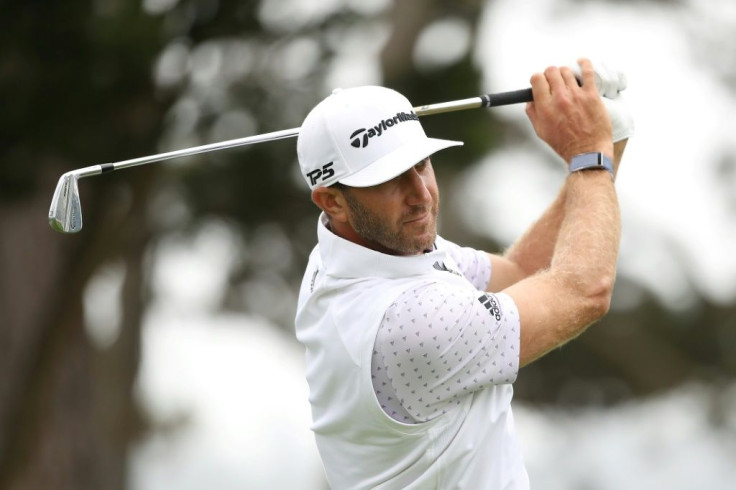 American Dustin Johnson plays a shot from the 15th tee during the third round of the 2020 PGA Championship in California