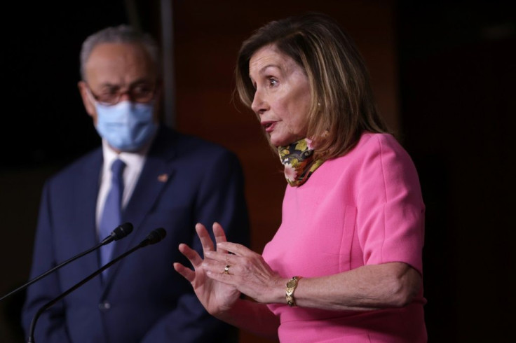 US House speaker Nancy Pelosi and Senate minority leader Chuck Schumer take part in a news conference August 7, 2020 on Capitol Hill in Washington over the failed talks with the Trump administration on a major relief package