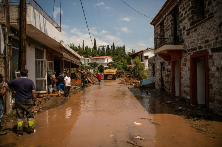 A flooded street in the village of Politika on Greece's Evia island, after torrential rains caused mass damage