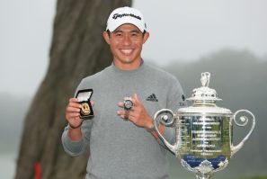 American Collin Morikawa celebrates with the Wanamaker Trophy after the 2020 PGA Championship at TPC Harding Park in San Francisco