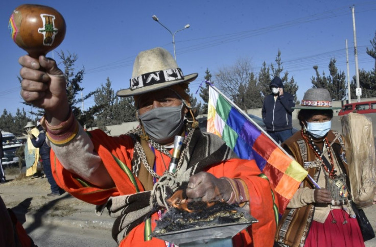 Bolivian peasants and indigenous people, supporters of former Bolivian president Evo Morales, take part in a protest against a second postponement of the general election due to the COVID-19 pandemic, in El Alto, Bolivia on July 28, 2020 Bolivia postpone