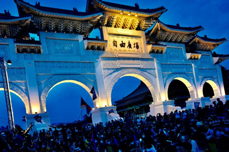 Demonstrators attend a rally to show support for Hong Kong pro-democracy protests in front of the Chiang Kai-shek Memorial Hall in Taipei, in June 2020