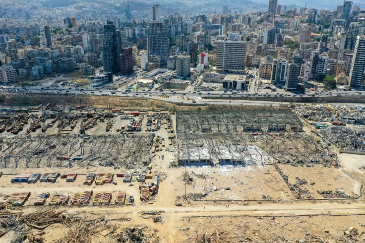 An aerial view taken on August 9 shows the port of Beirut after the colossal explosion of a huge pile of ammonium nitrate that had languished for years in a harbourside warehouse