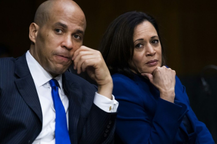 Senator Kamala Harris with Senator Cory Booker, who also sought the Democratic presidential nomination and described her as a 'trailblazer'