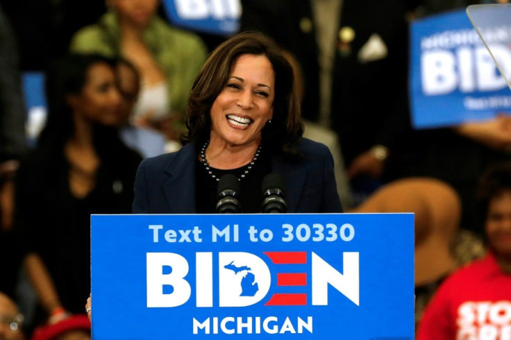 (FILES) In this file photo California Senator Kamala Harris endorses Democratic presidential candidate former Vice President Joe Biden as she speaks to supporters during a campaign rally at Renaissance High School in Detroit, Michigan on March 9, 2020.