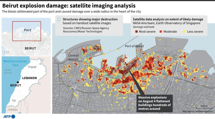 Map summarising the extent of the August 4 blast damage in Beirut, based on satellite image analysis.