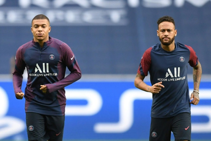 Kylian Mbappe and Neymar at Paris Saint-Germain's training session in Lisbon on Tuesday, on the eve of their Champions League quarter-final against Atalanta