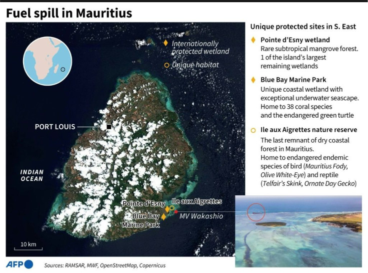 Map of Mauritius, locating unique protected wildlife sites threatened by a fuel spill from a striken cargo vessel