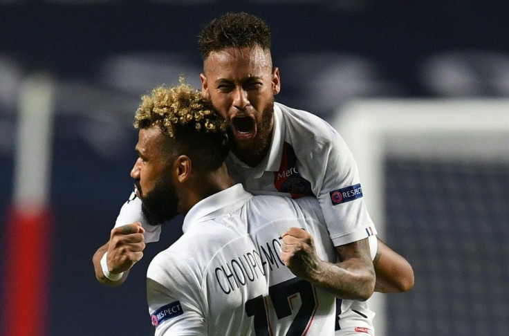 Eric Choupo-Moting celebrates with Neymar after scoring Paris Saint-Germain's winner against Atalanta in their Champions League quarter-final in Lisbon