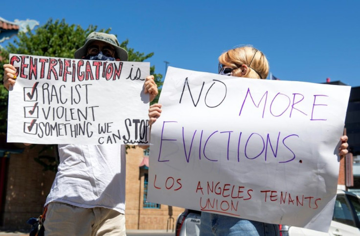 The "Cancel Rent" protest and caravan made its way through Chinatown in Los Angeles, on the way to City Hall