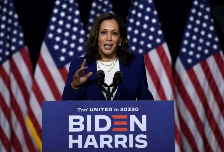 Democratic vice presidential running mate, US Senator Kamala Harris, speaks during the first press conference with Joe Biden