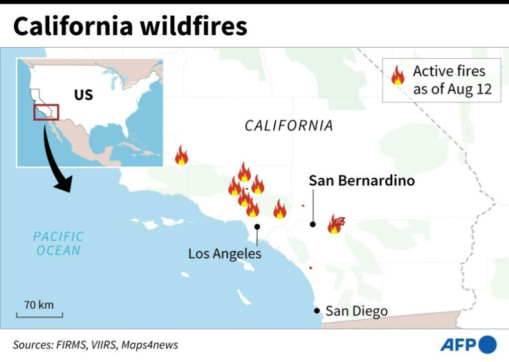 Map of California showing active wildfires as of Aug 12.