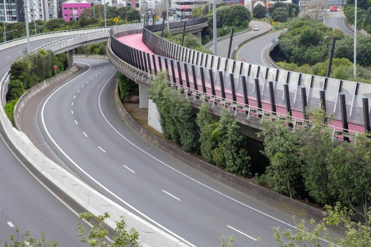 The normally busy central motorway interchange is deserted mid-morning in Auckland, New Zealand
