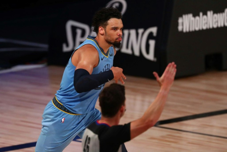 Dillon Brooks of Memphis celebrates a three-point shot in the Grizzlies NBA win over the Milwaukee Bucks